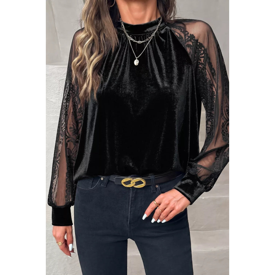 Solid Color Sheer Lace Long Sleeve Patchwork Stand Neck Velvet Blouse Black / S Apparel and Accessories