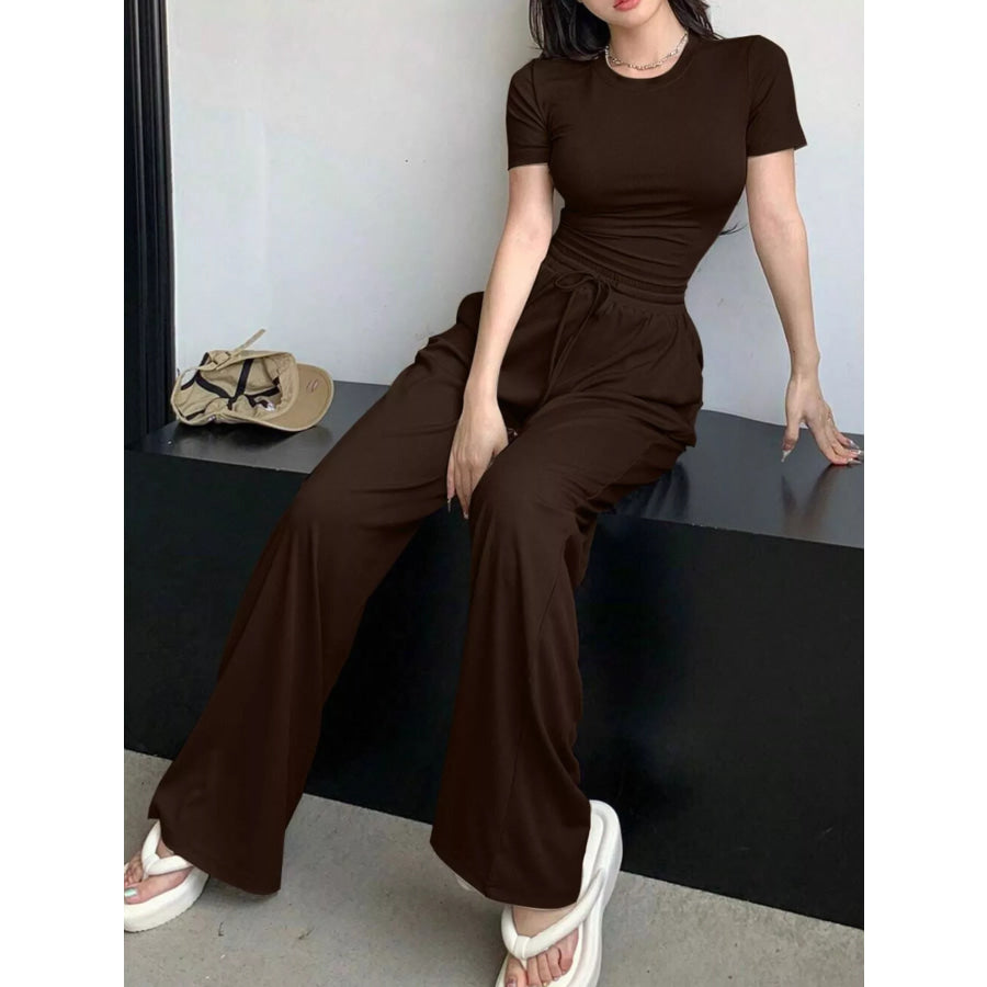 Solid Color Short Sleeve Crop Top and Wide Leg Pants Set Apparel Accessories