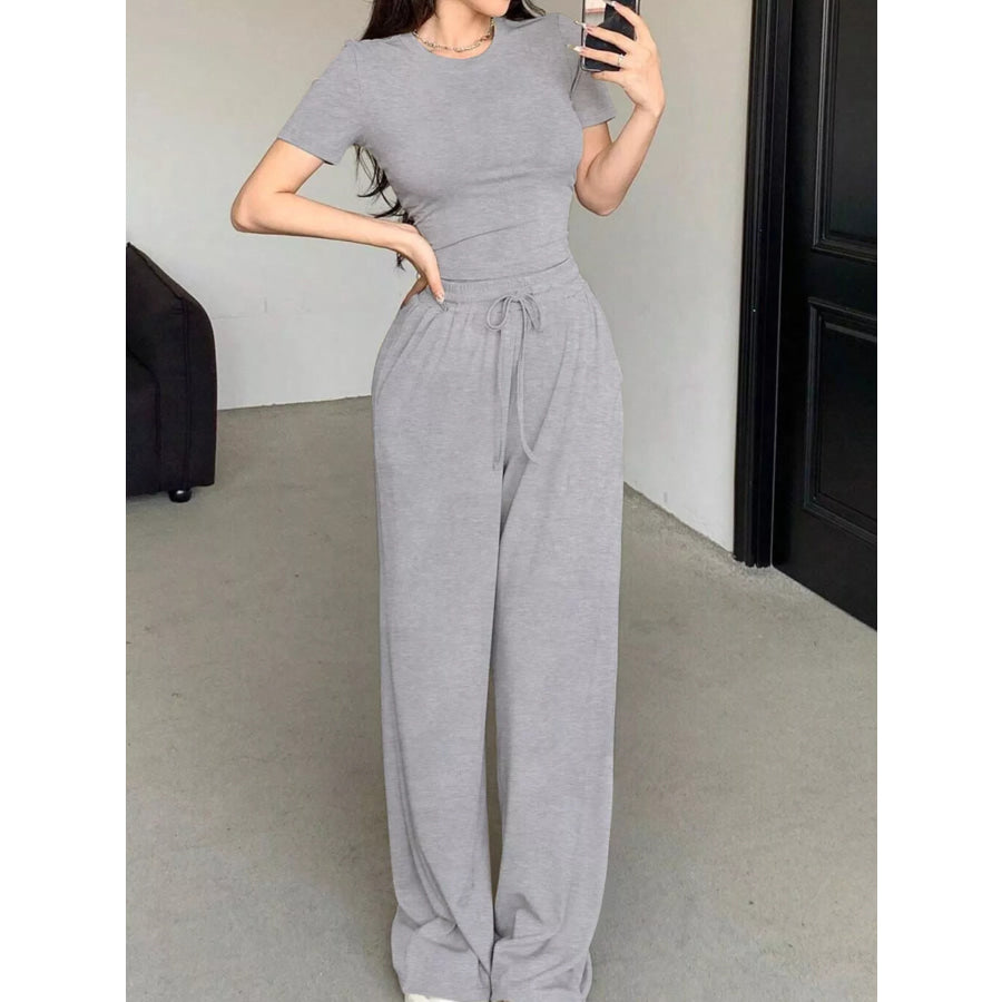 Solid Color Short Sleeve Crop Top and Wide Leg Pants Set Light Gray / S Apparel Accessories