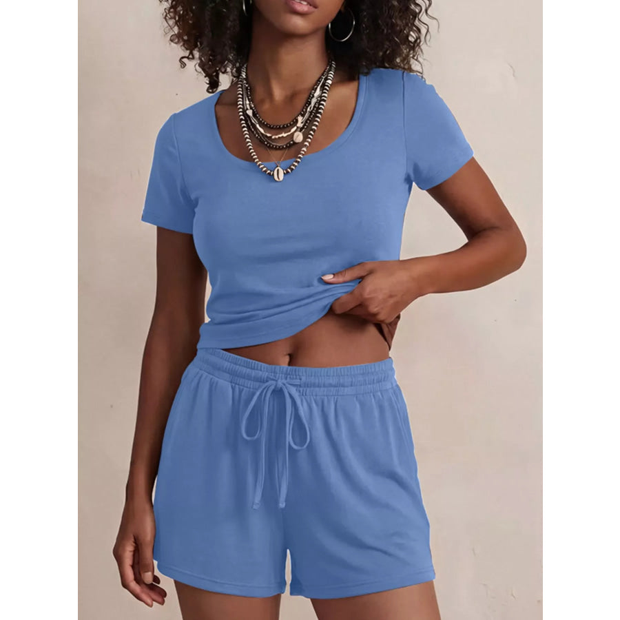 Solid Color Short Sleeve Tee and Shorts Set Blue / S Apparel Accessories