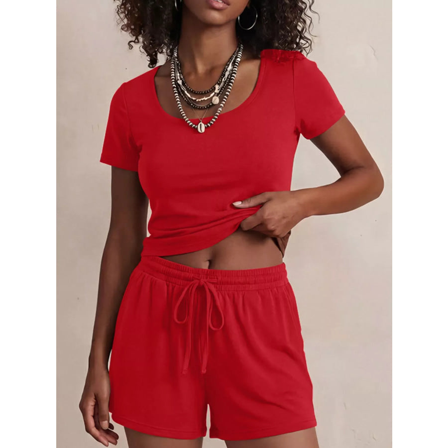 Solid Color Short Sleeve Tee and Shorts Set Bright Red / S Apparel Accessories