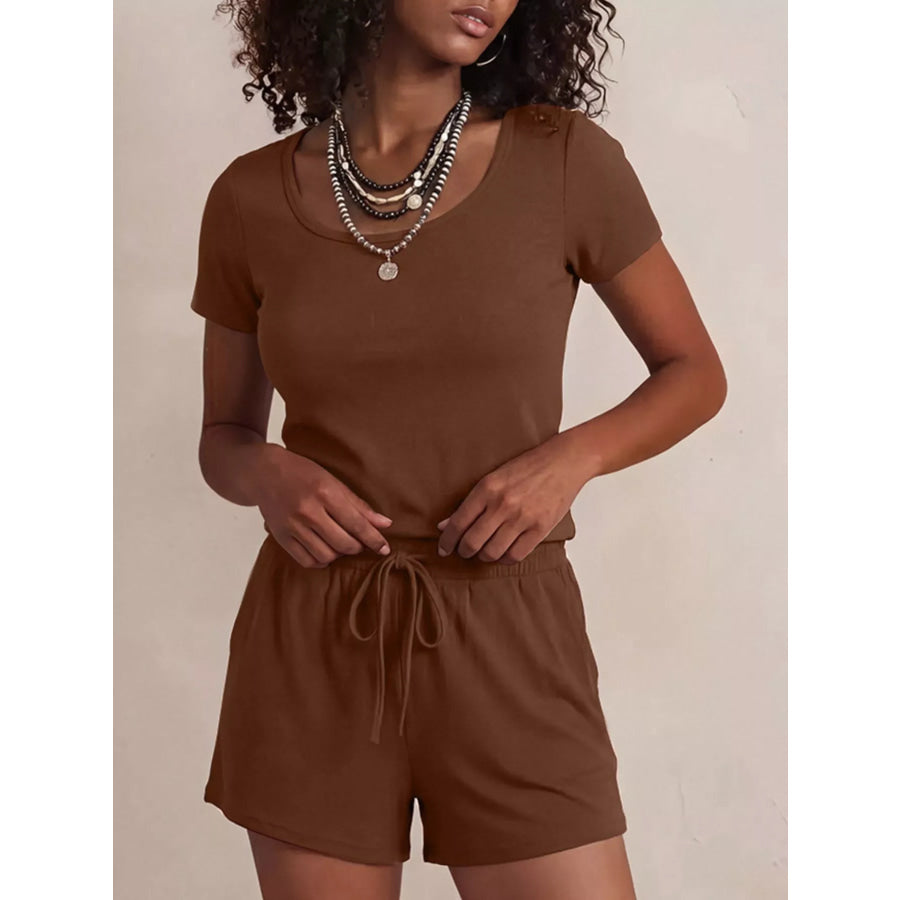 Solid Color Short Sleeve Tee and Shorts Set Brown / S Apparel Accessories