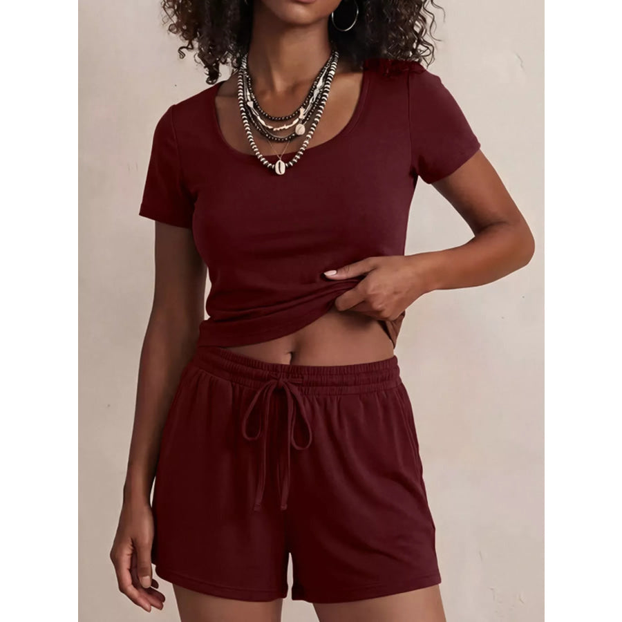 Solid Color Short Sleeve Tee and Shorts Set Burgundy / S Apparel Accessories