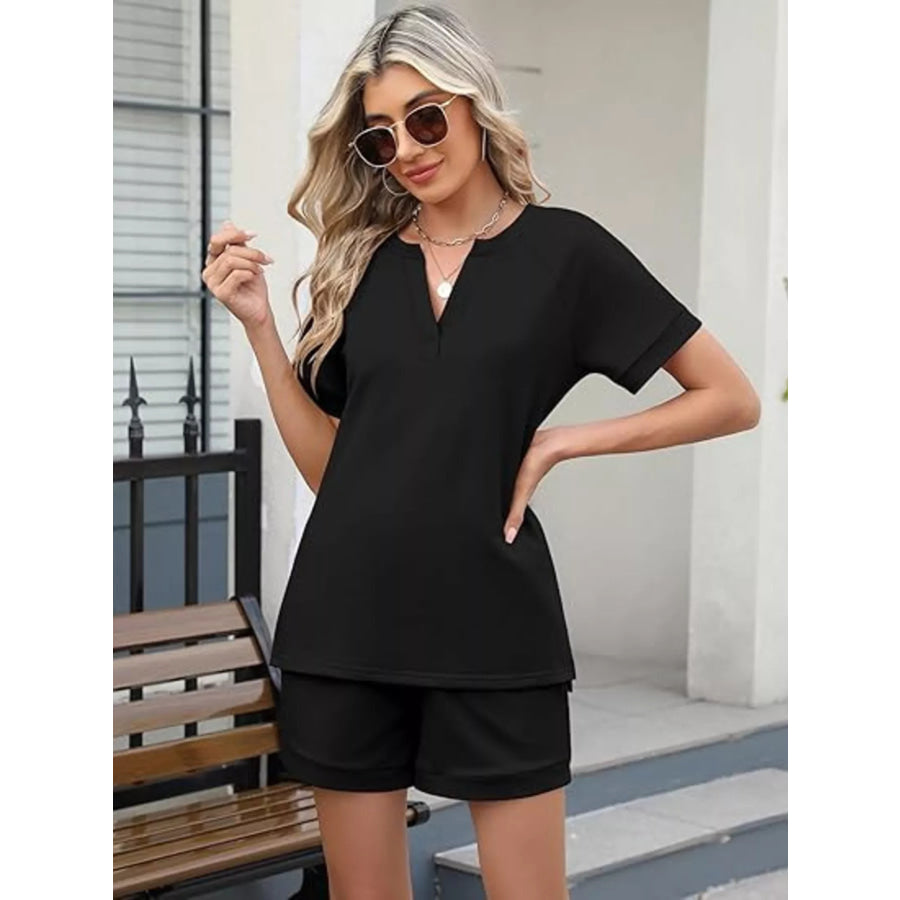 Solid Color Short Sleeve Top and Shorts Two-Piece Set Apparel and Accessories
