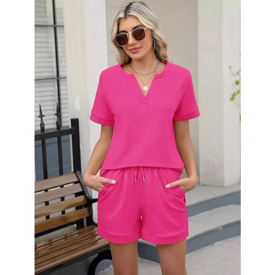 Solid Color Short Sleeve Top and Shorts Two-Piece Set Apparel and Accessories