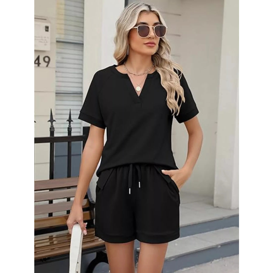 Solid Color Short Sleeve Top and Shorts Two-Piece Set Apparel and Accessories