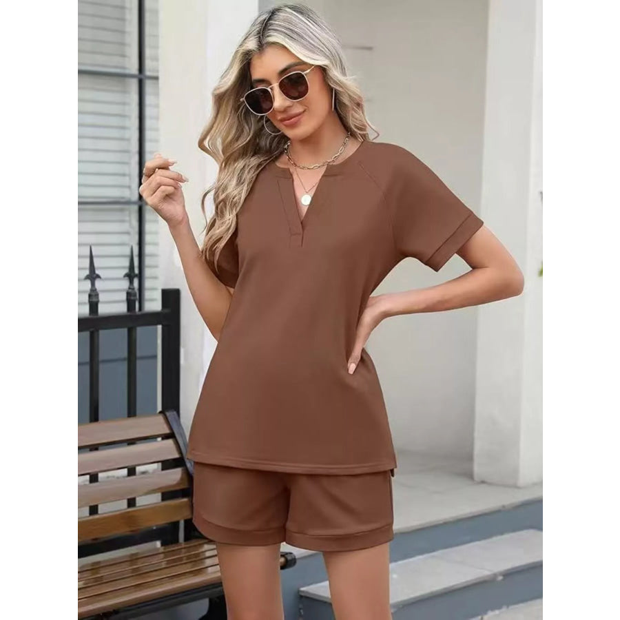 Solid Color Short Sleeve Top and Shorts Two-Piece Set Apparel and Accessories