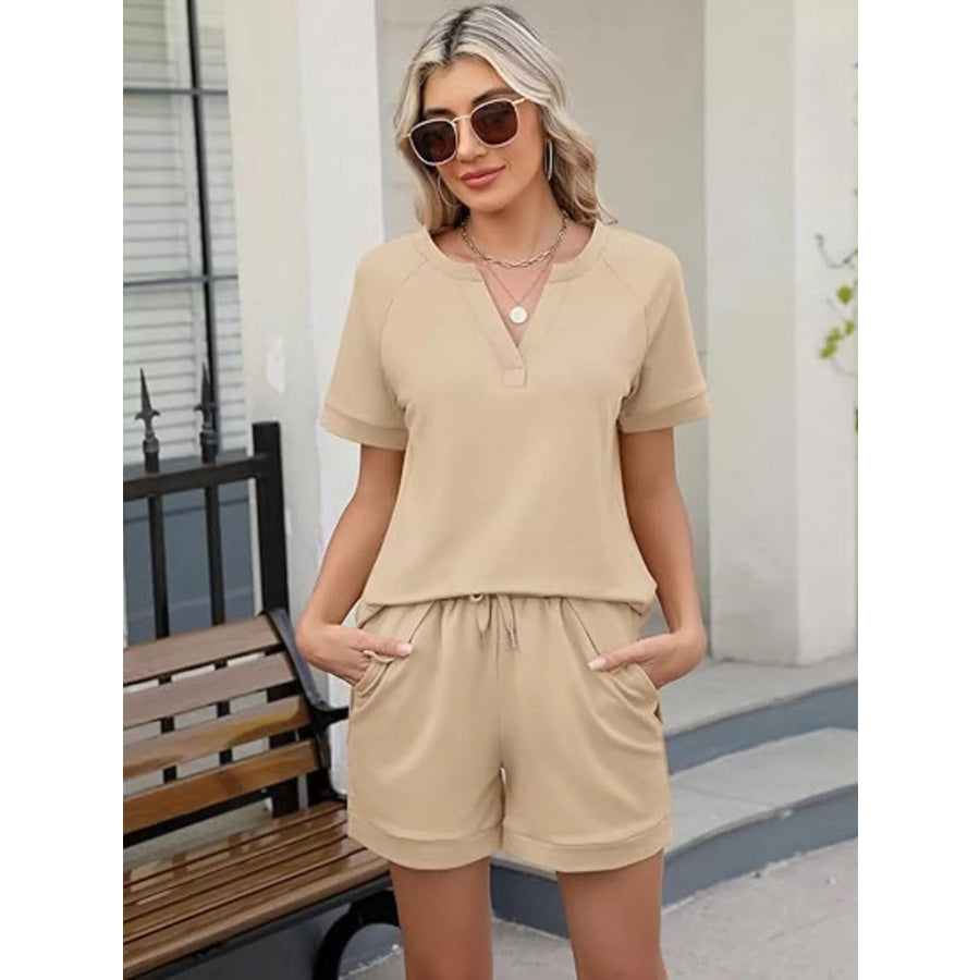 Solid Color Short Sleeve Top and Shorts Two-Piece Set Apparel and Accessories