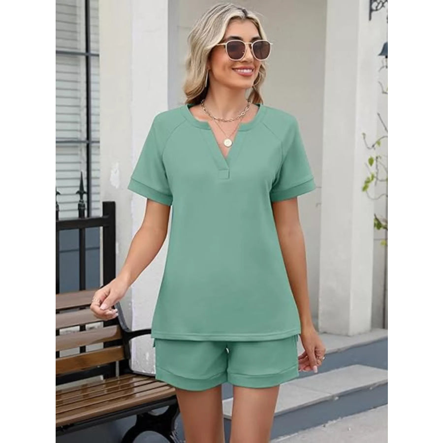 Solid Color Short Sleeve Top and Shorts Two-Piece Set Apparel and Accessories