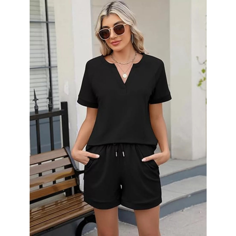 Solid Color Short Sleeve Top and Shorts Two-Piece Set Apparel and Accessories