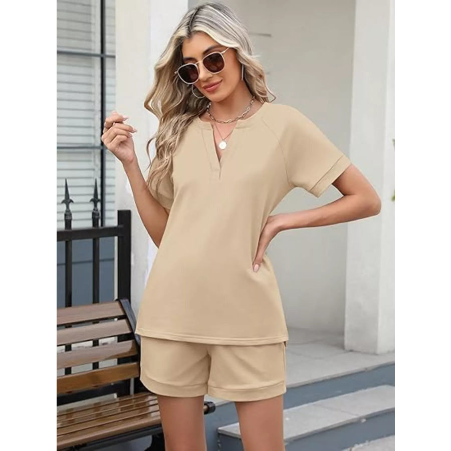 Solid Color Short Sleeve Top and Shorts Two-Piece Set Apparel and Accessories