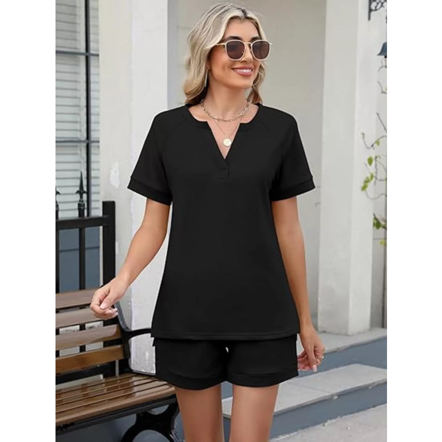 Solid Color Short Sleeve Top and Shorts Two-Piece Set Apparel and Accessories