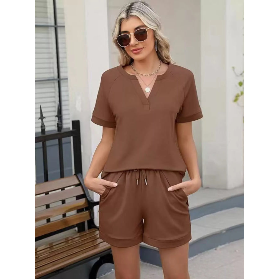 Solid Color Short Sleeve Top and Shorts Two-Piece Set Apparel and Accessories