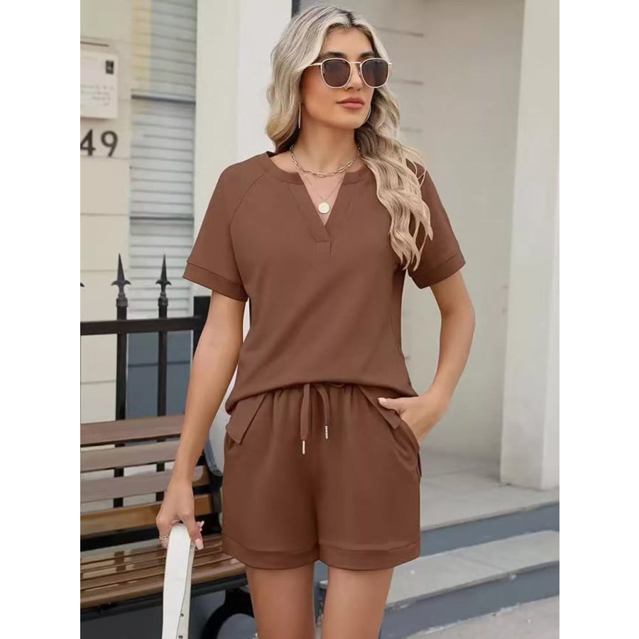 Solid Color Short Sleeve Top and Shorts Two-Piece Set Apparel and Accessories