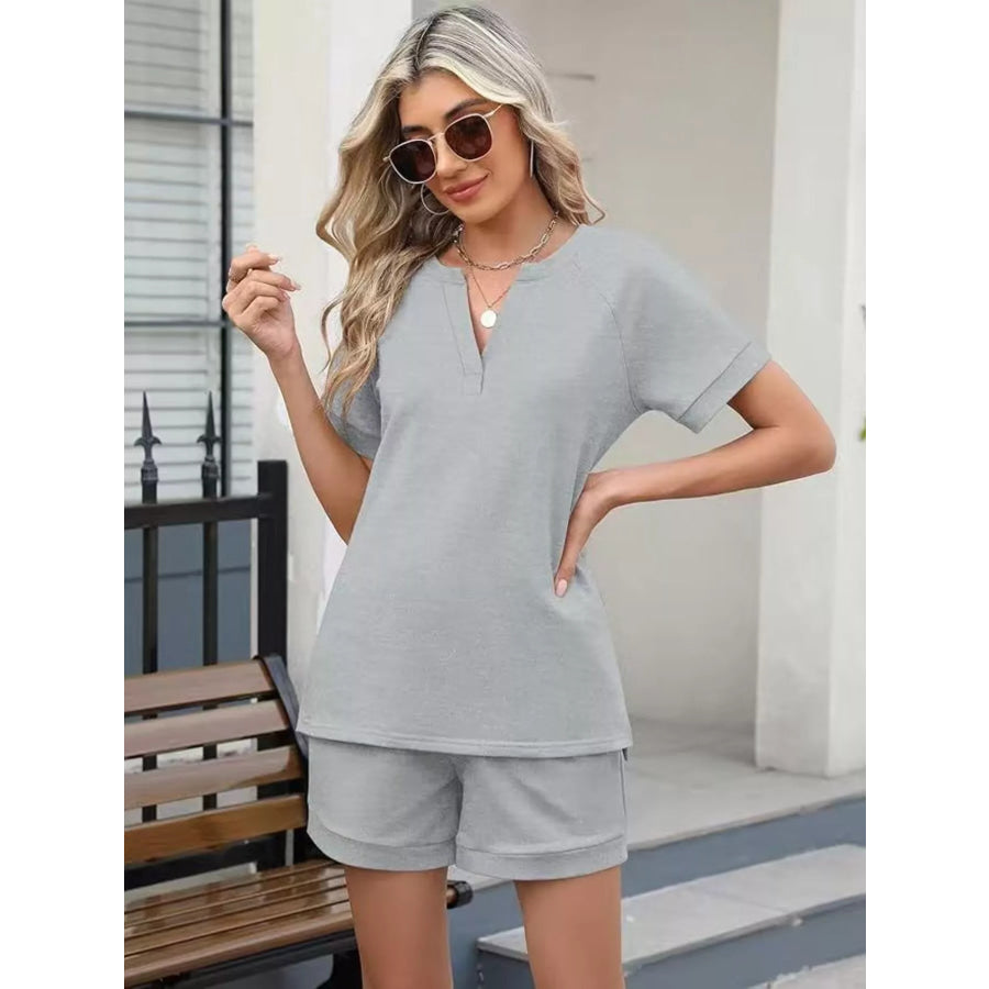 Solid Color Short Sleeve Top and Shorts Two-Piece Set Apparel and Accessories