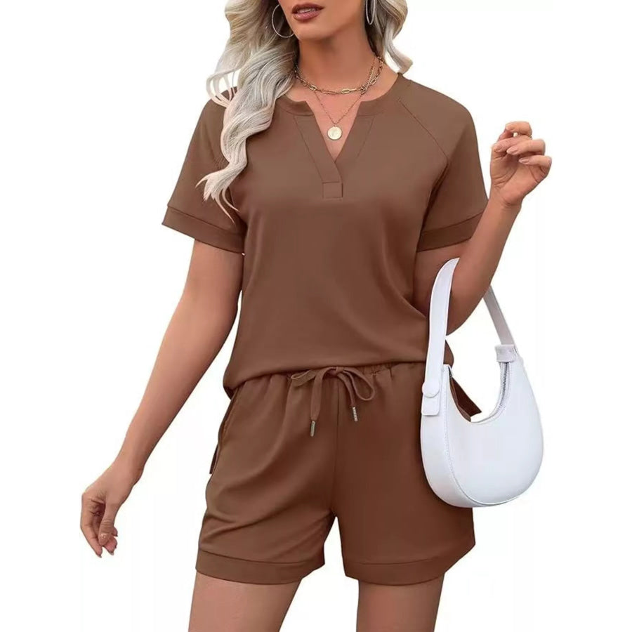 Solid Color Short Sleeve Top and Shorts Two-Piece Set Brown / S Apparel and Accessories