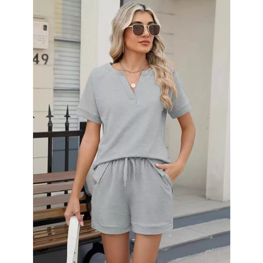 Solid Color Short Sleeve Top and Shorts Two-Piece Set Light Gray / S Apparel and Accessories
