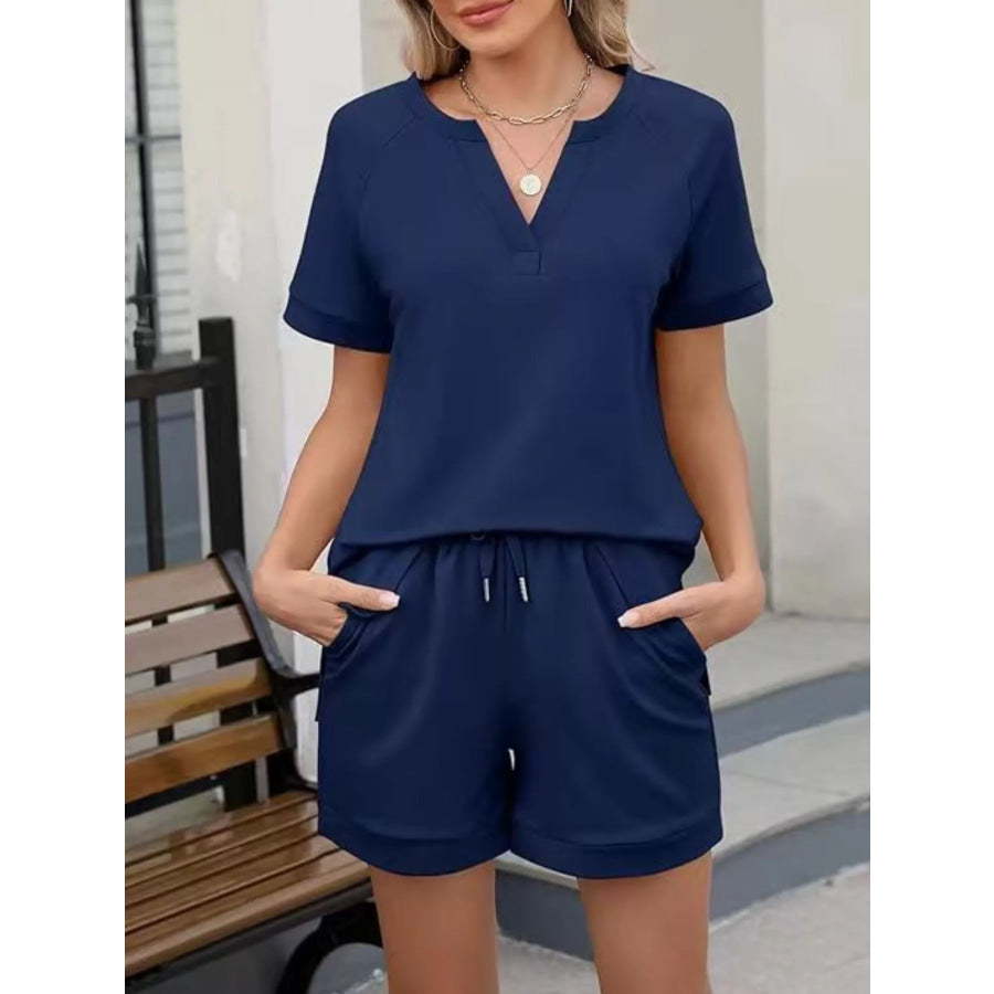 Solid Color Short Sleeve Top and Shorts Two-Piece Set Navy / S Apparel and Accessories
