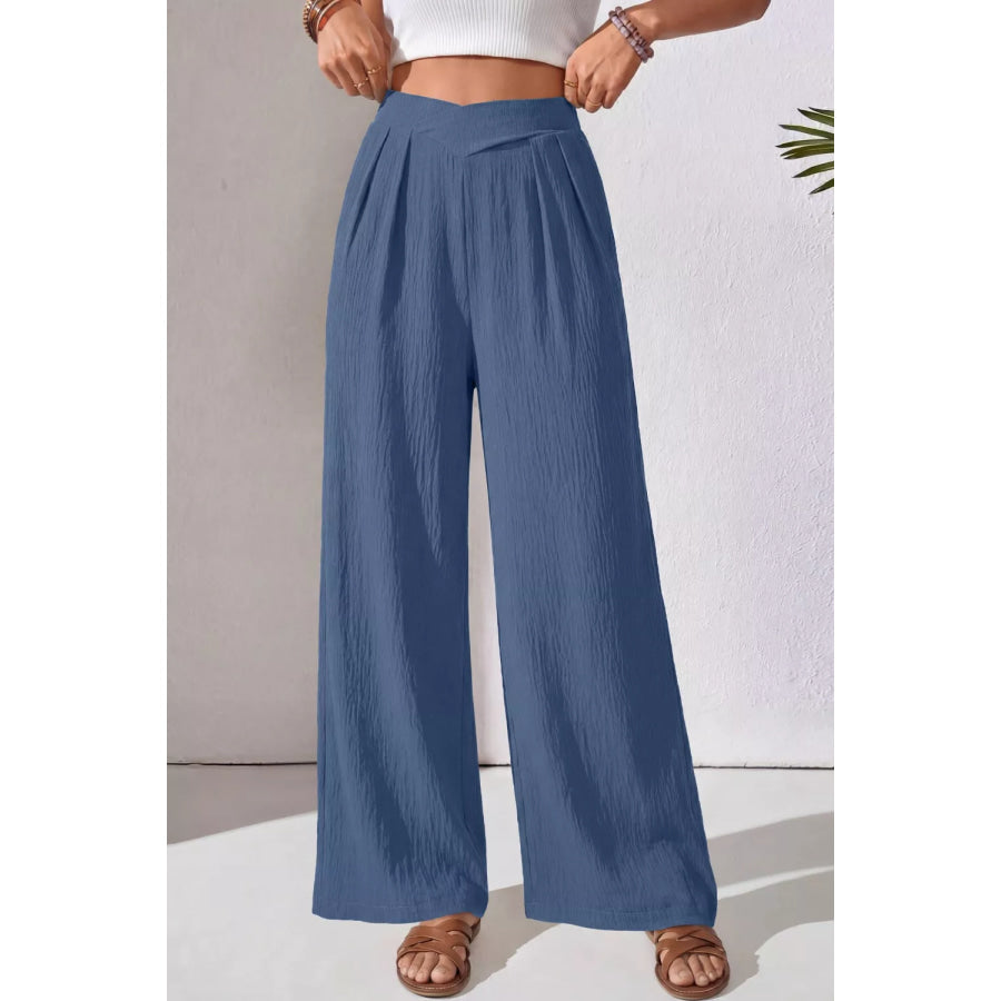 Solid Color Textured Crossed Waist Loose Pants Apparel and Accessories