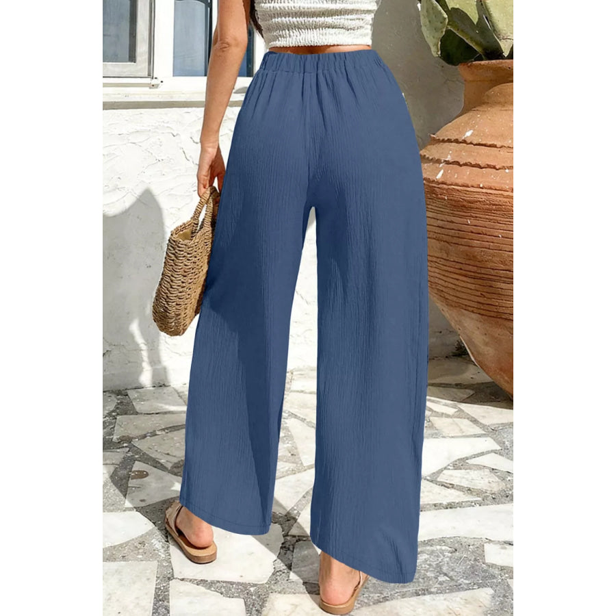 Solid Color Textured Crossed Waist Loose Pants Apparel and Accessories