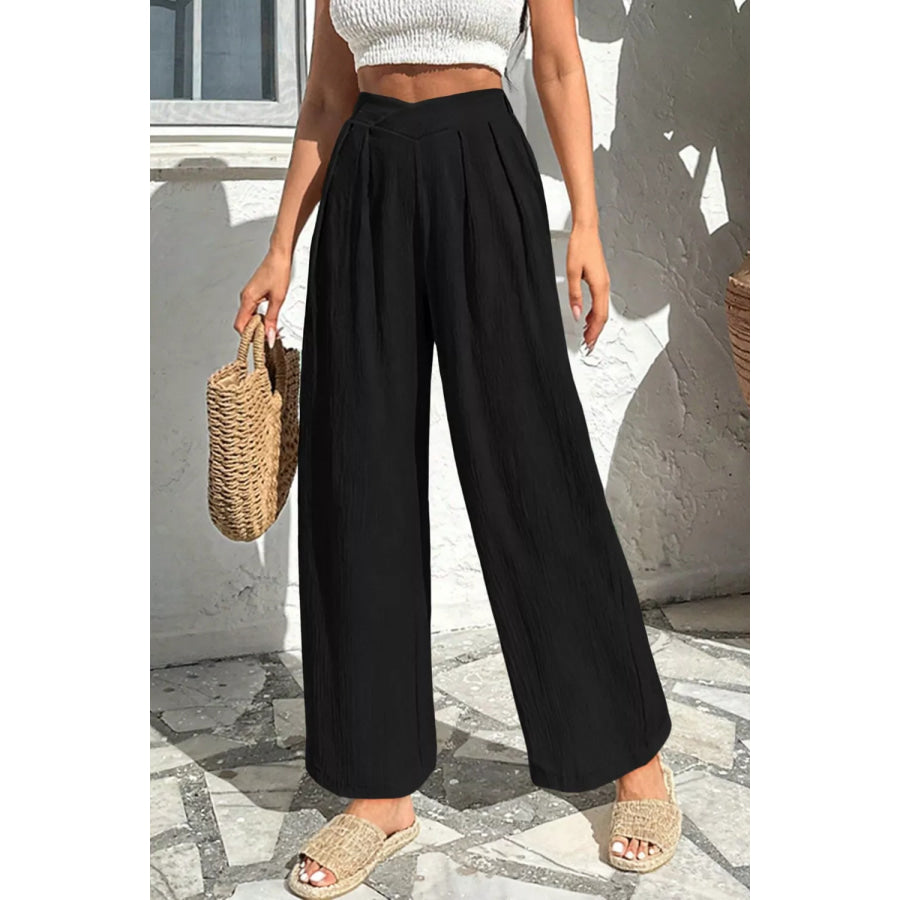Solid Color Textured Crossed Waist Loose Pants Apparel and Accessories