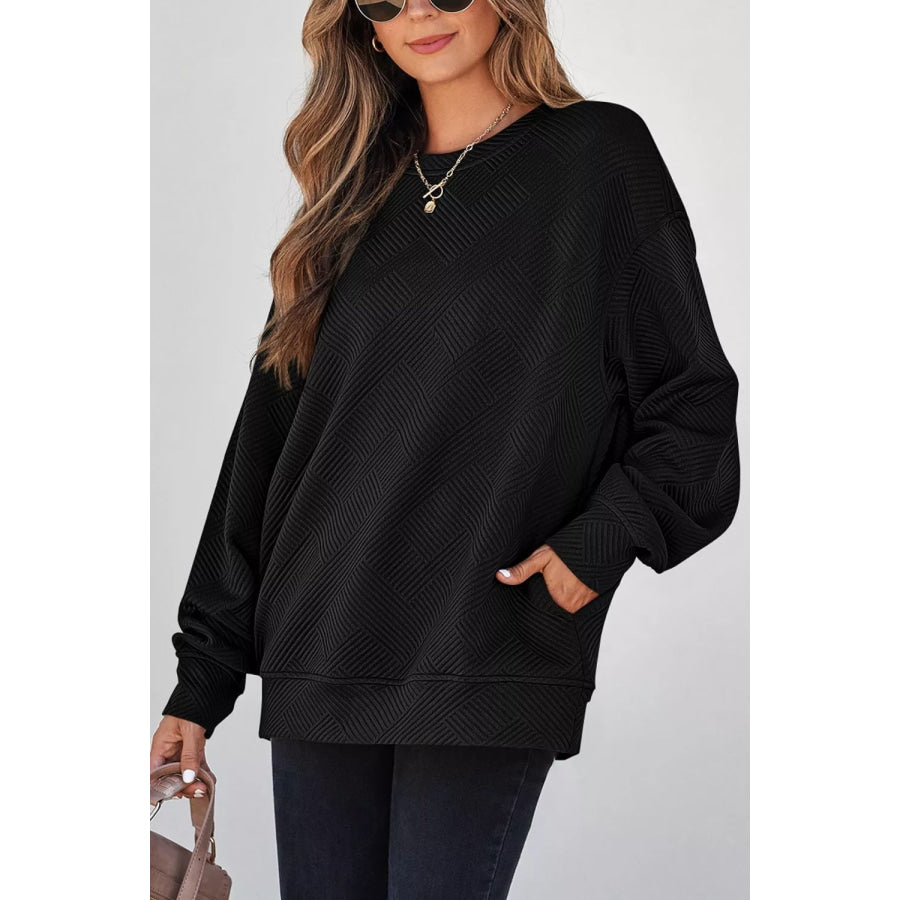 Solid Color Textured Round Neck Drop Shoulder Pullover Sweatshirt Apparel and Accessories