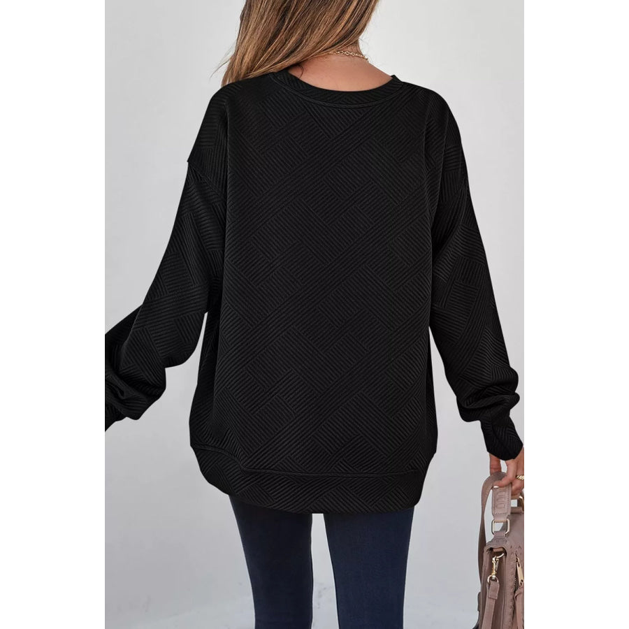 Solid Color Textured Round Neck Drop Shoulder Pullover Sweatshirt Apparel and Accessories