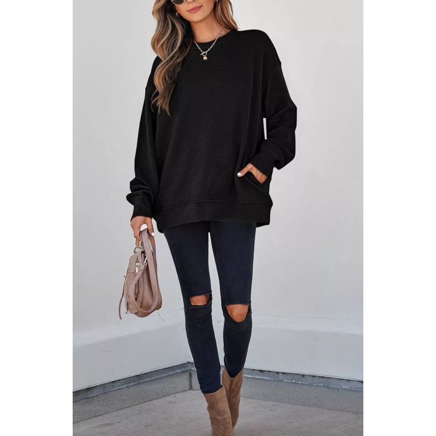 Solid Color Textured Round Neck Drop Shoulder Pullover Sweatshirt Apparel and Accessories