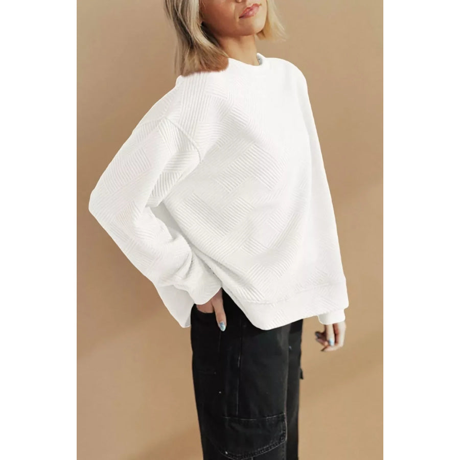 Solid Color Textured Round Neck Drop Shoulder Pullover Sweatshirt Apparel and Accessories
