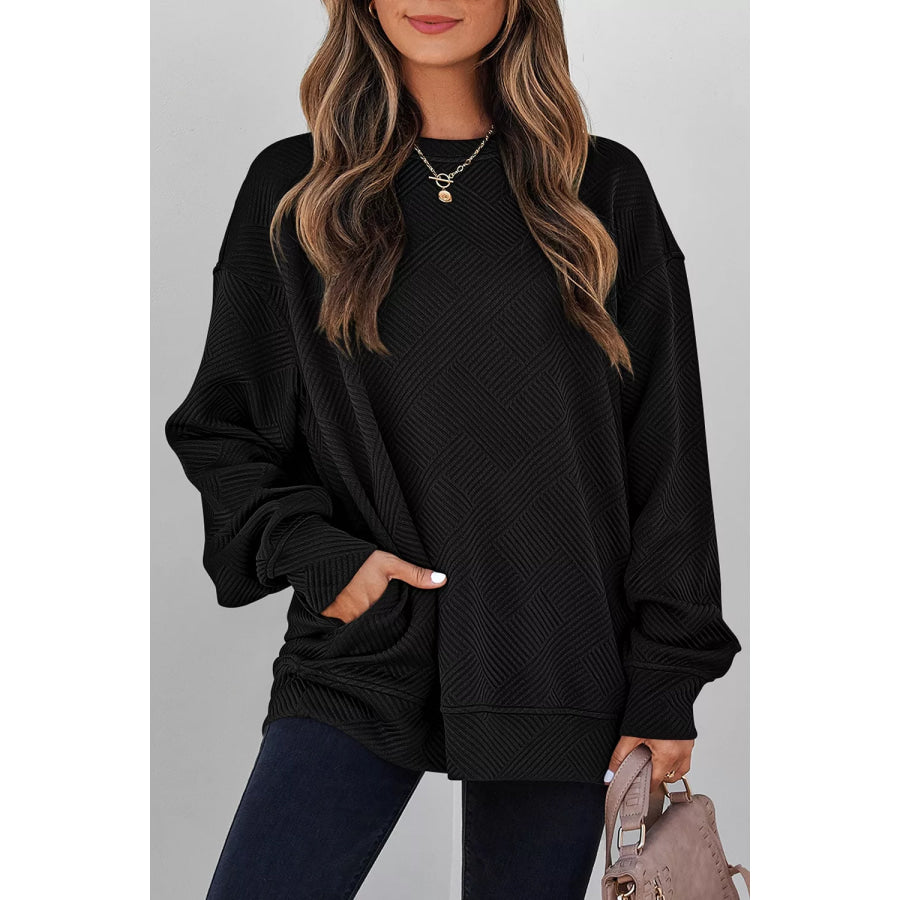 Solid Color Textured Round Neck Drop Shoulder Pullover Sweatshirt Black / S Apparel and Accessories