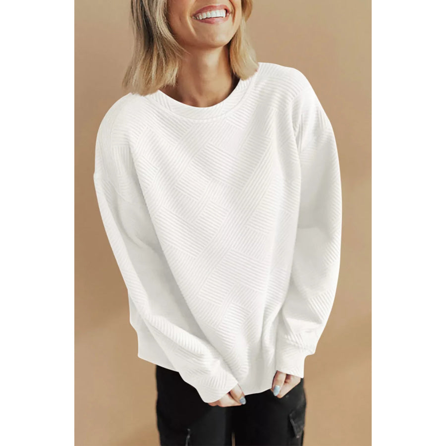 Solid Color Textured Round Neck Drop Shoulder Pullover Sweatshirt White / S Apparel and Accessories