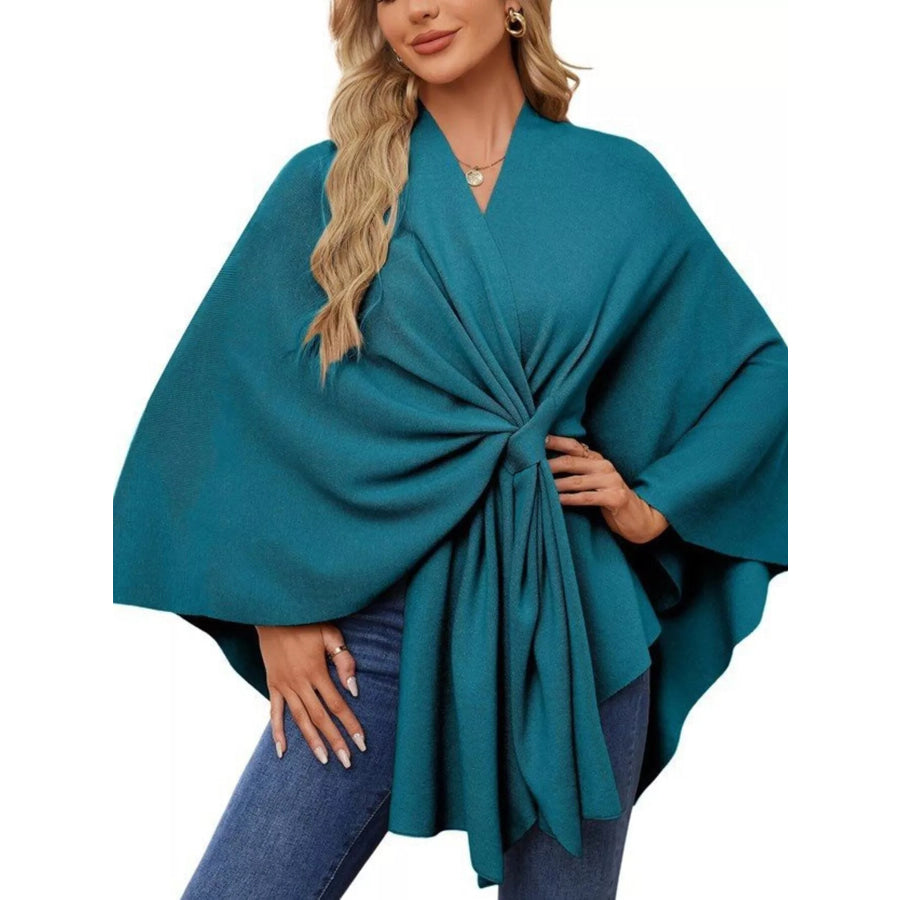 Solid Color Tie-Front Knit Cape Top French Blue / One Size Apparel and Accessories