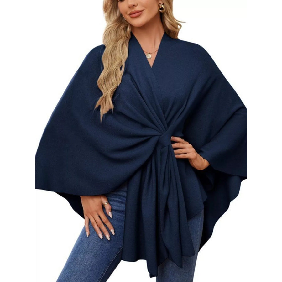 Solid Color Tie-Front Knit Cape Top Navy / One Size Apparel and Accessories