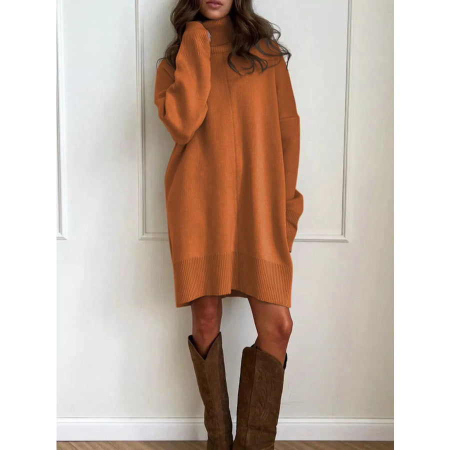 Solid Color Turtleneck Drop Shoulder Loose Sweater Dress Caramel / S Apparel and Accessories