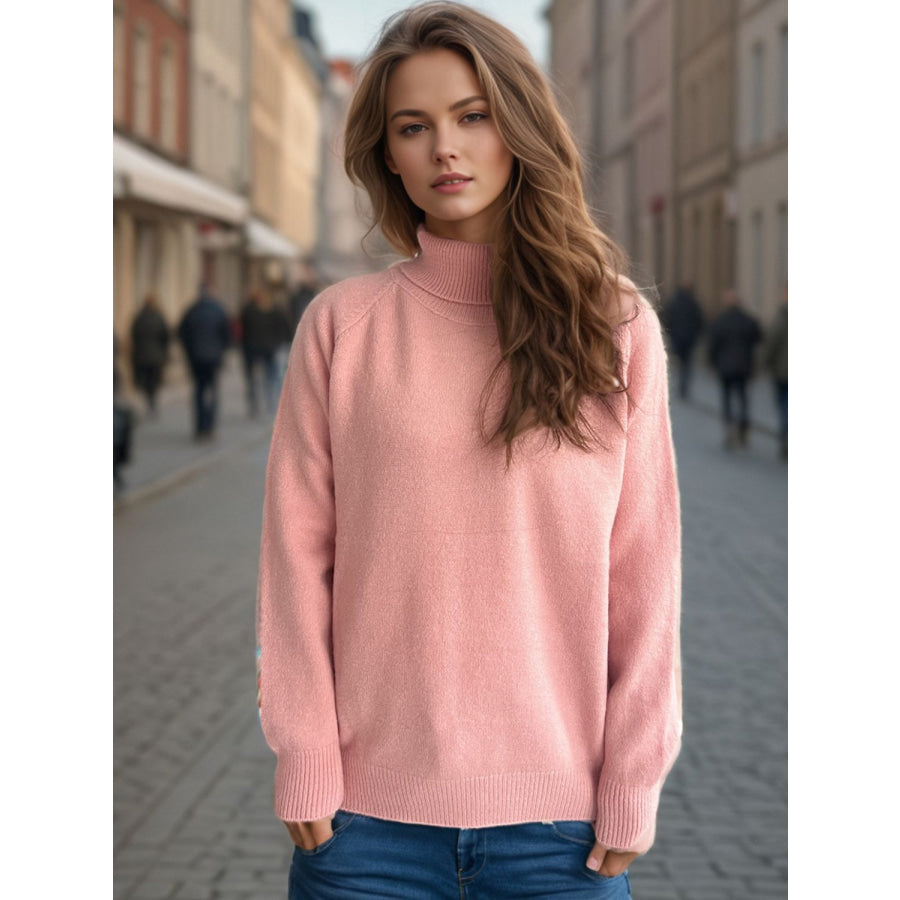 Solid Color Turtleneck Long Sleeve Sweater Blush Pink / One Size Apparel and Accessories
