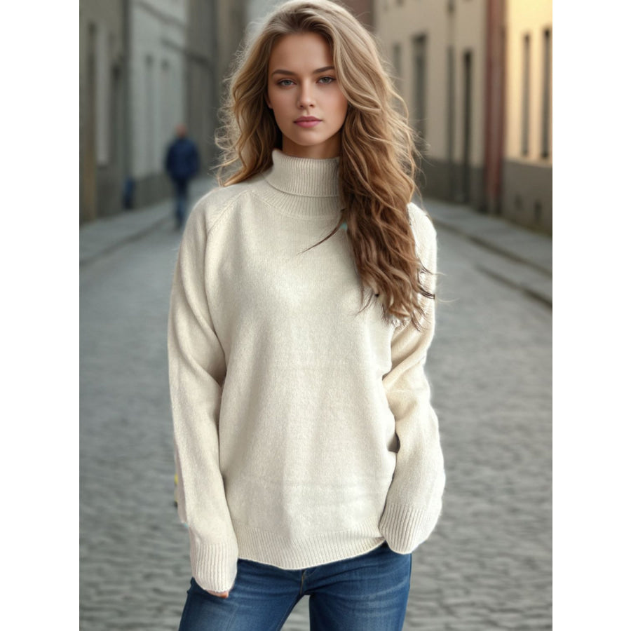 Solid Color Turtleneck Long Sleeve Sweater Cream / One Size Apparel and Accessories