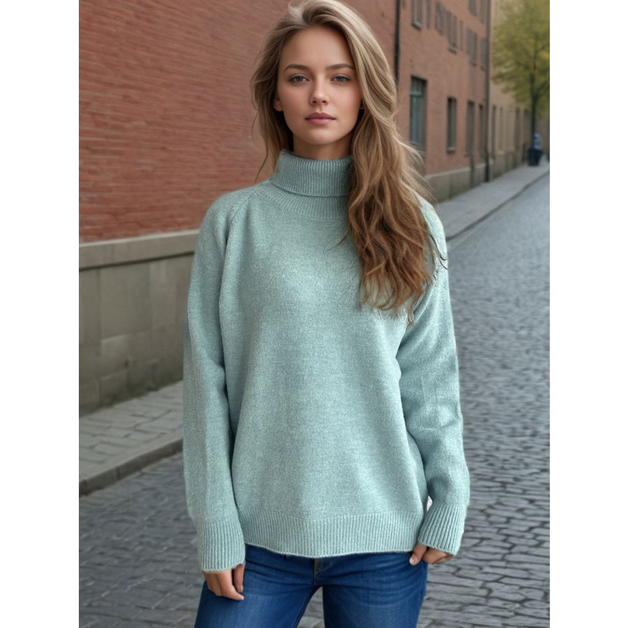 Solid Color Turtleneck Long Sleeve Sweater Pastel Blue / One Size Apparel and Accessories