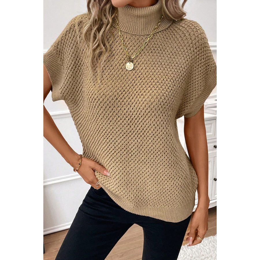 Solid Color Turtleneck Short Sleeve Sweater Khaki / S Apparel and Accessories