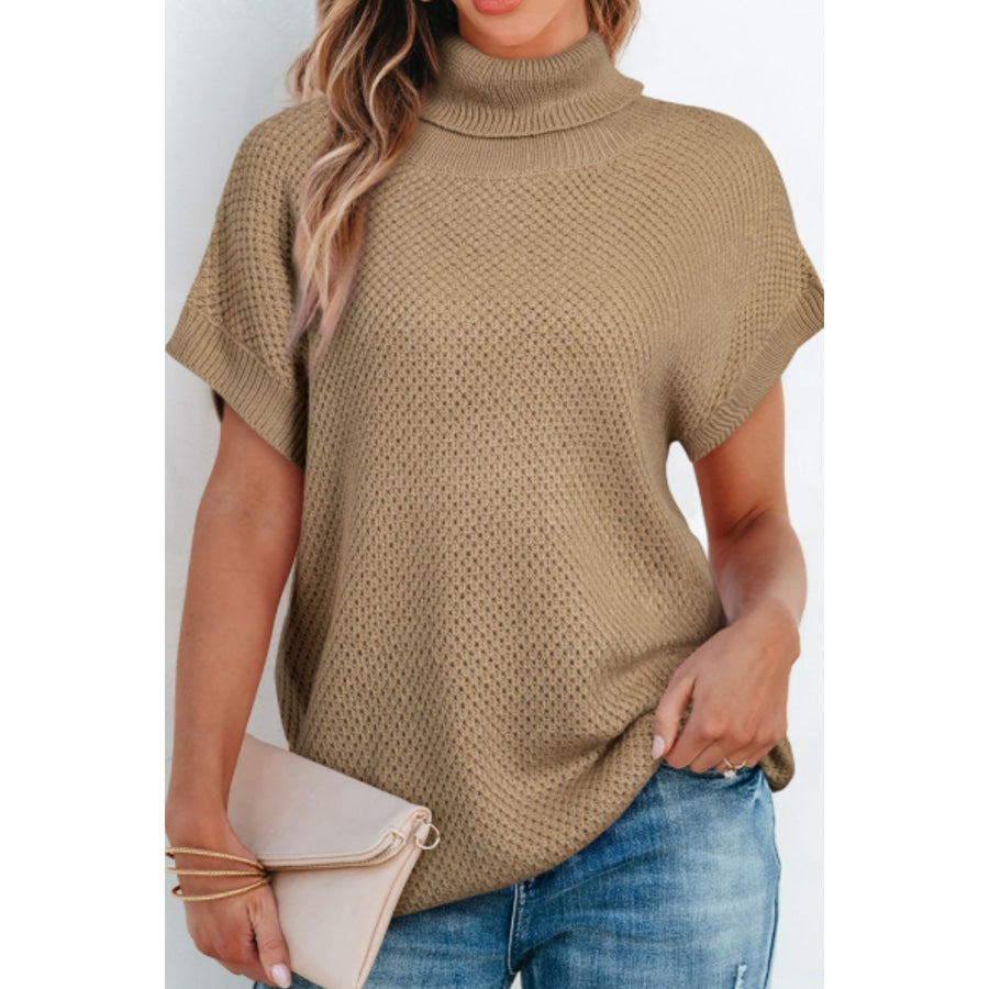 Solid Color Turtleneck Short Sleeve Sweater Khaki / S Apparel and Accessories
