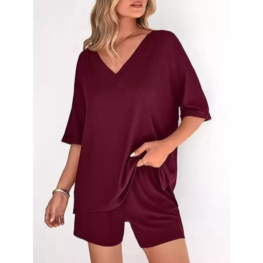 Solid Color V-Neck and Shorts Set Apparel and Accessories