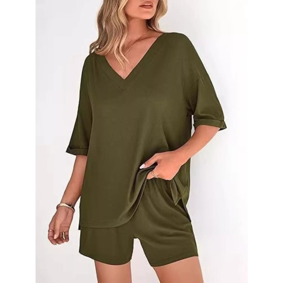 Solid Color V-Neck and Shorts Set Apparel and Accessories