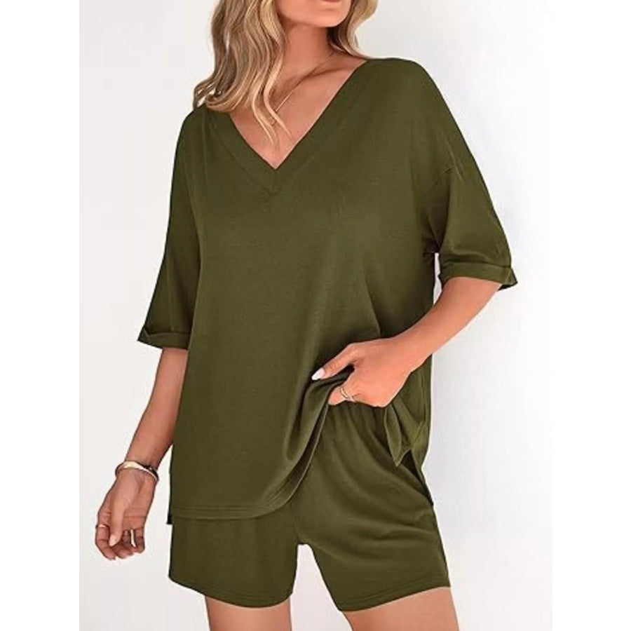 Solid Color V-Neck and Shorts Set Army Green / S Apparel and Accessories