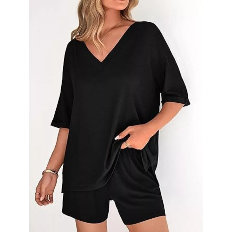 Solid Color V-Neck and Shorts Set Black / S Apparel and Accessories