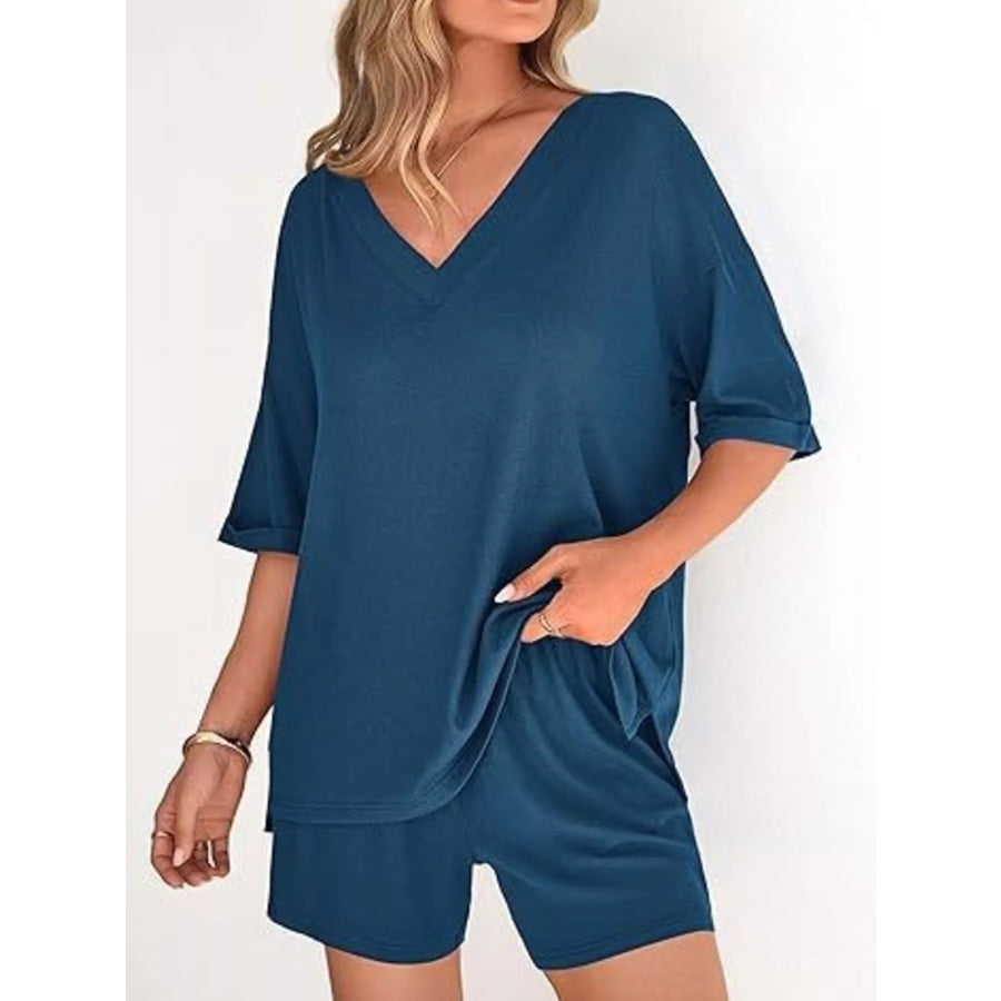 Solid Color V-Neck and Shorts Set Blue / S Apparel and Accessories