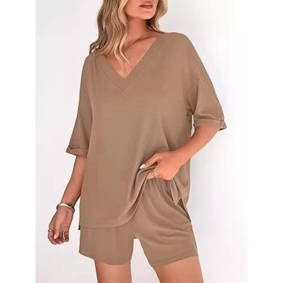 Solid Color V-Neck and Shorts Set Khaki Color / S Apparel and Accessories