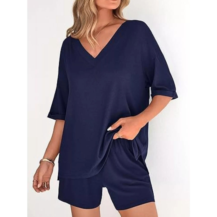 Solid Color V-Neck and Shorts Set Navy Blue / S Apparel and Accessories