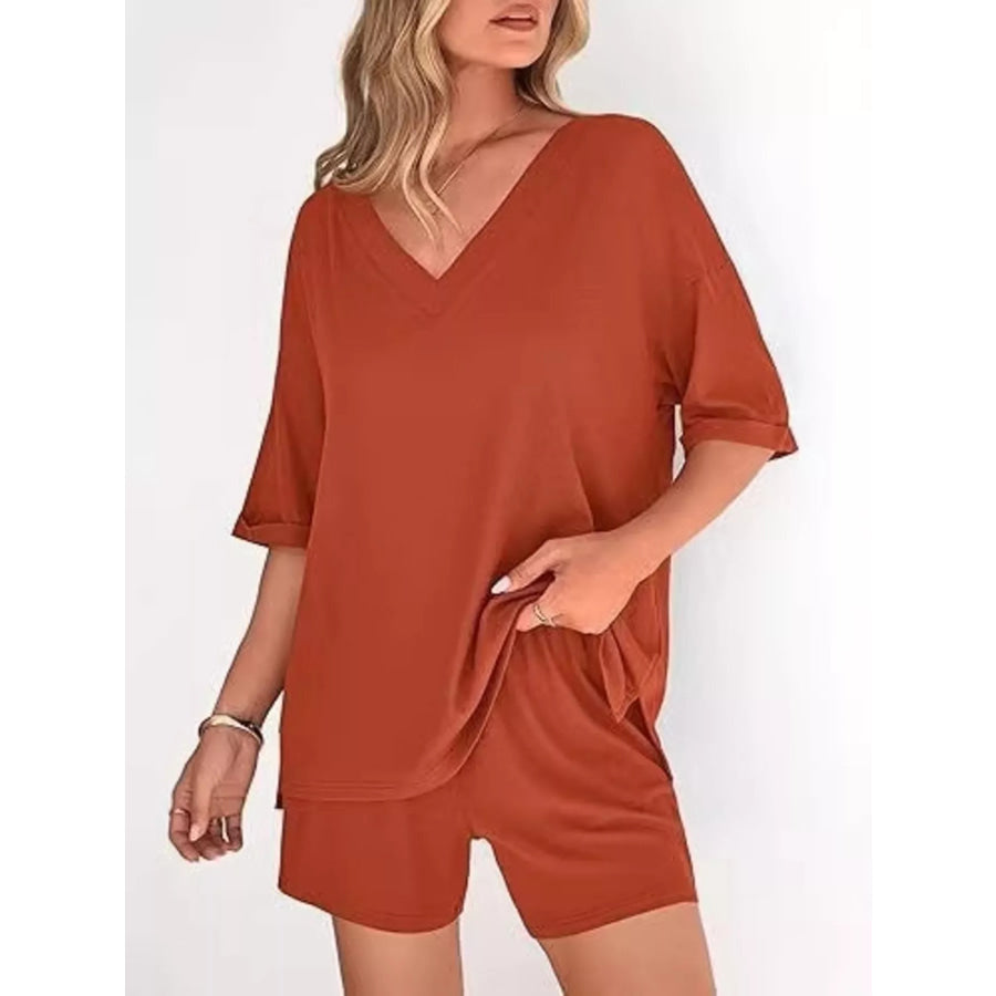 Solid Color V-Neck and Shorts Set Orange Red / S Apparel and Accessories