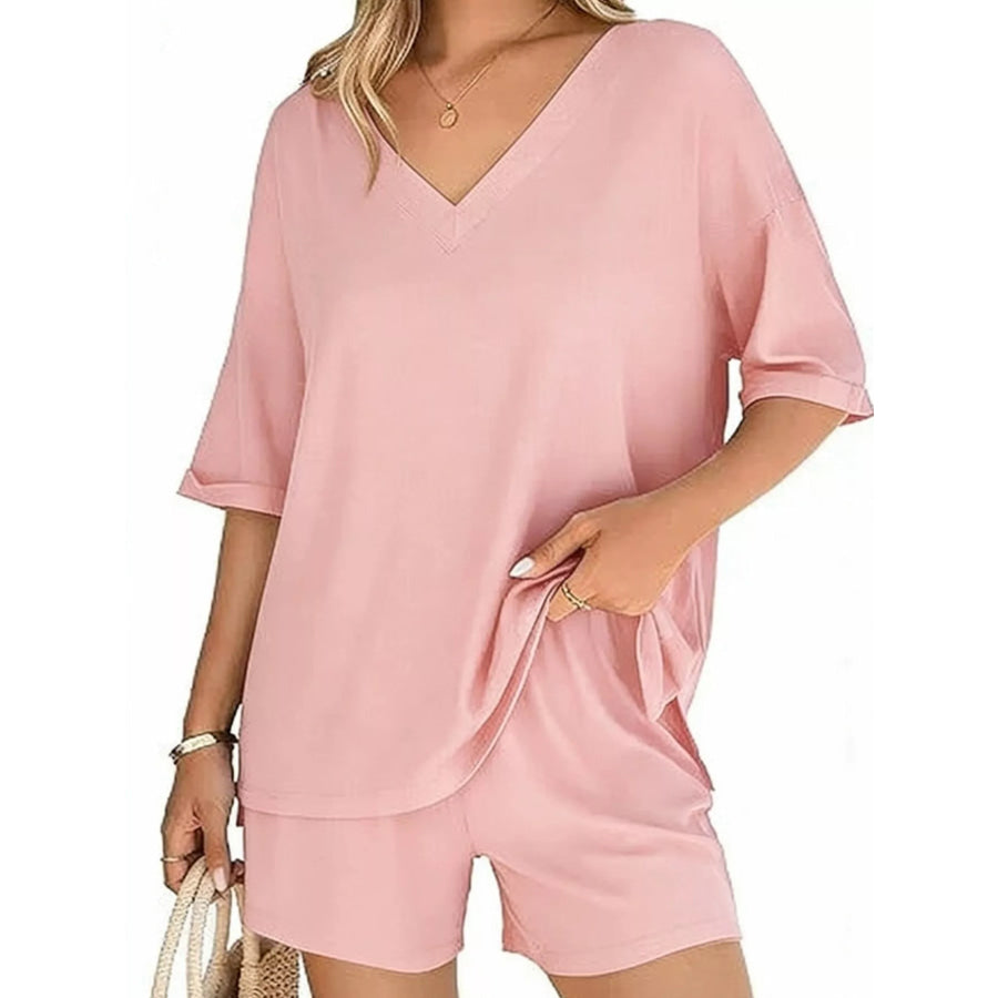 Solid Color V-Neck and Shorts Set Pink / S Apparel and Accessories