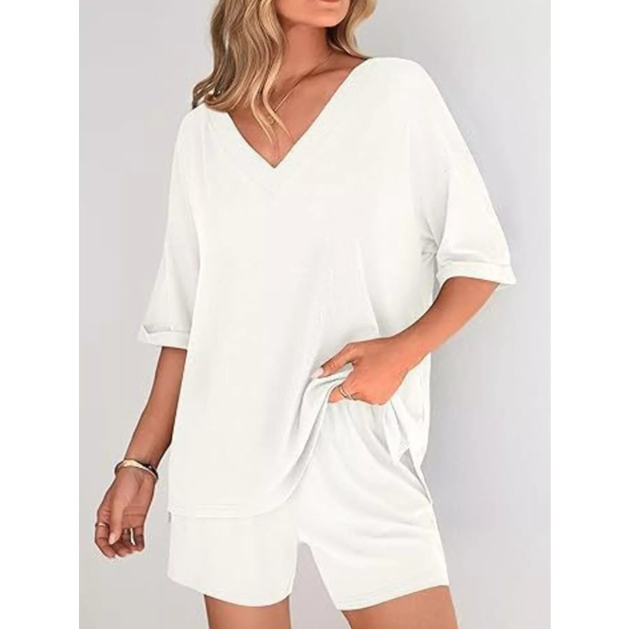 Solid Color V-Neck and Shorts Set White / S Apparel and Accessories