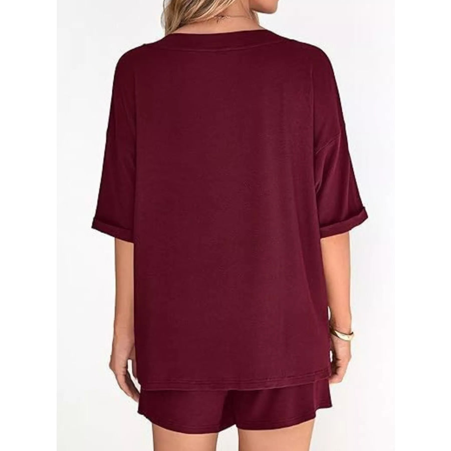 Solid Color V-Neck and Shorts Set Wine Red / S Apparel and Accessories